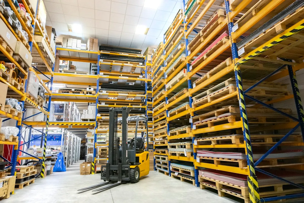 Magazijn met stellingen en pallets